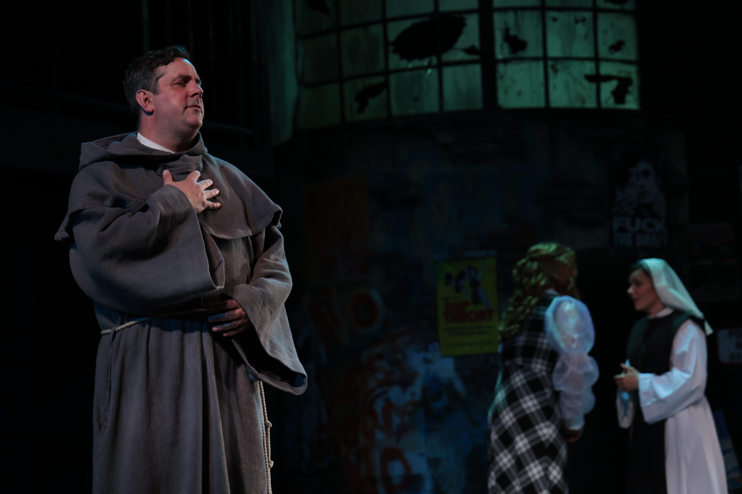Chris Thorn as the Duke, foreground, with Lauren Welch as Marianna and Emma Blonda as Isabel in the background